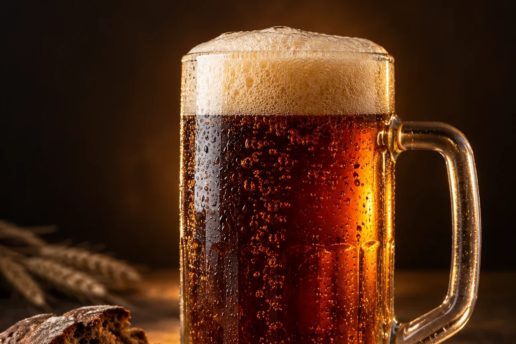 Kvass concept: a mug of dark kvass with thick foam beside rye bread
