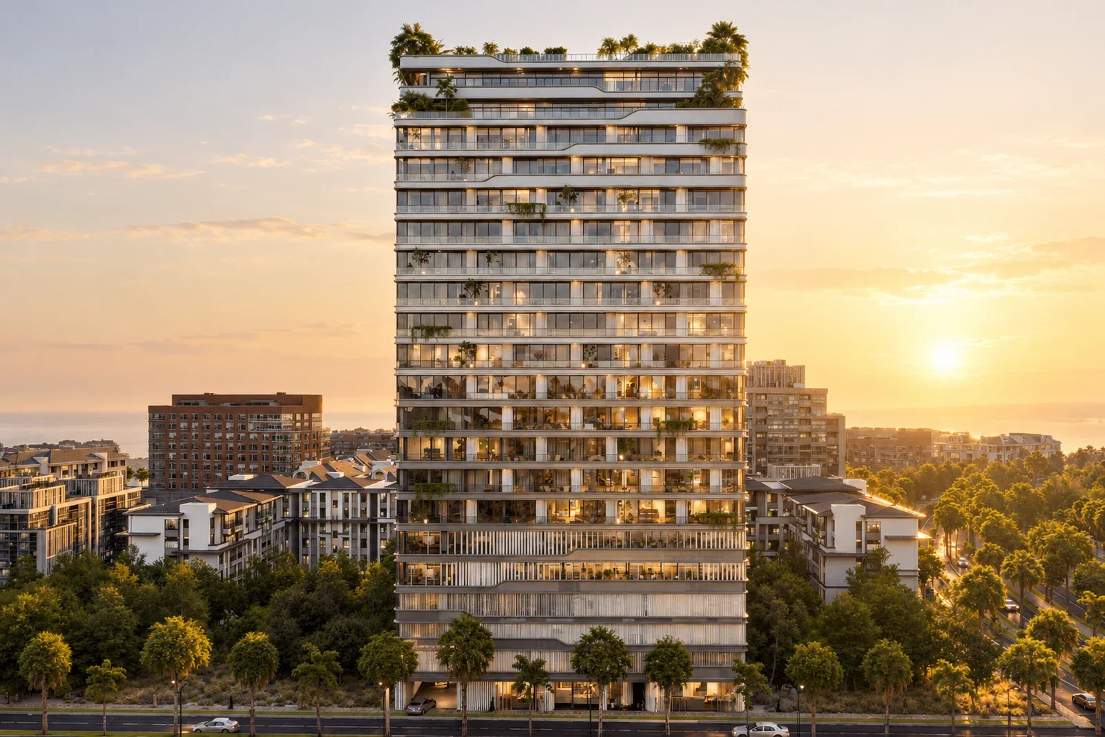 Tresora concept: the finished residential tower in JVC at sunset