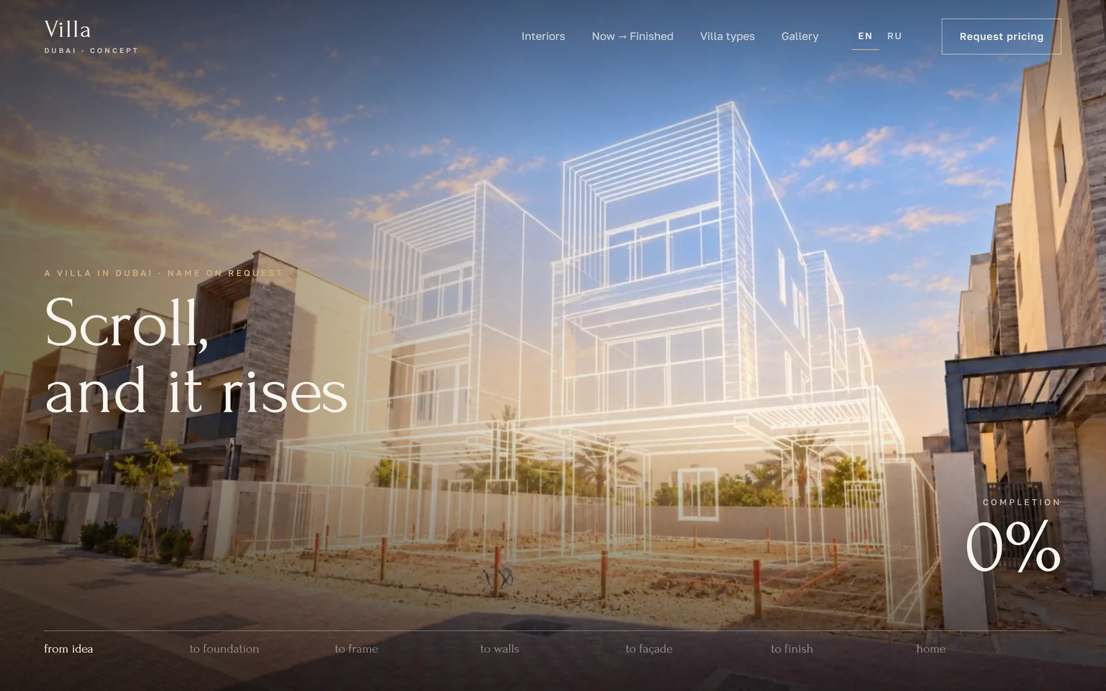 Villa website concept: first screen: the villa wireframe rises on scroll