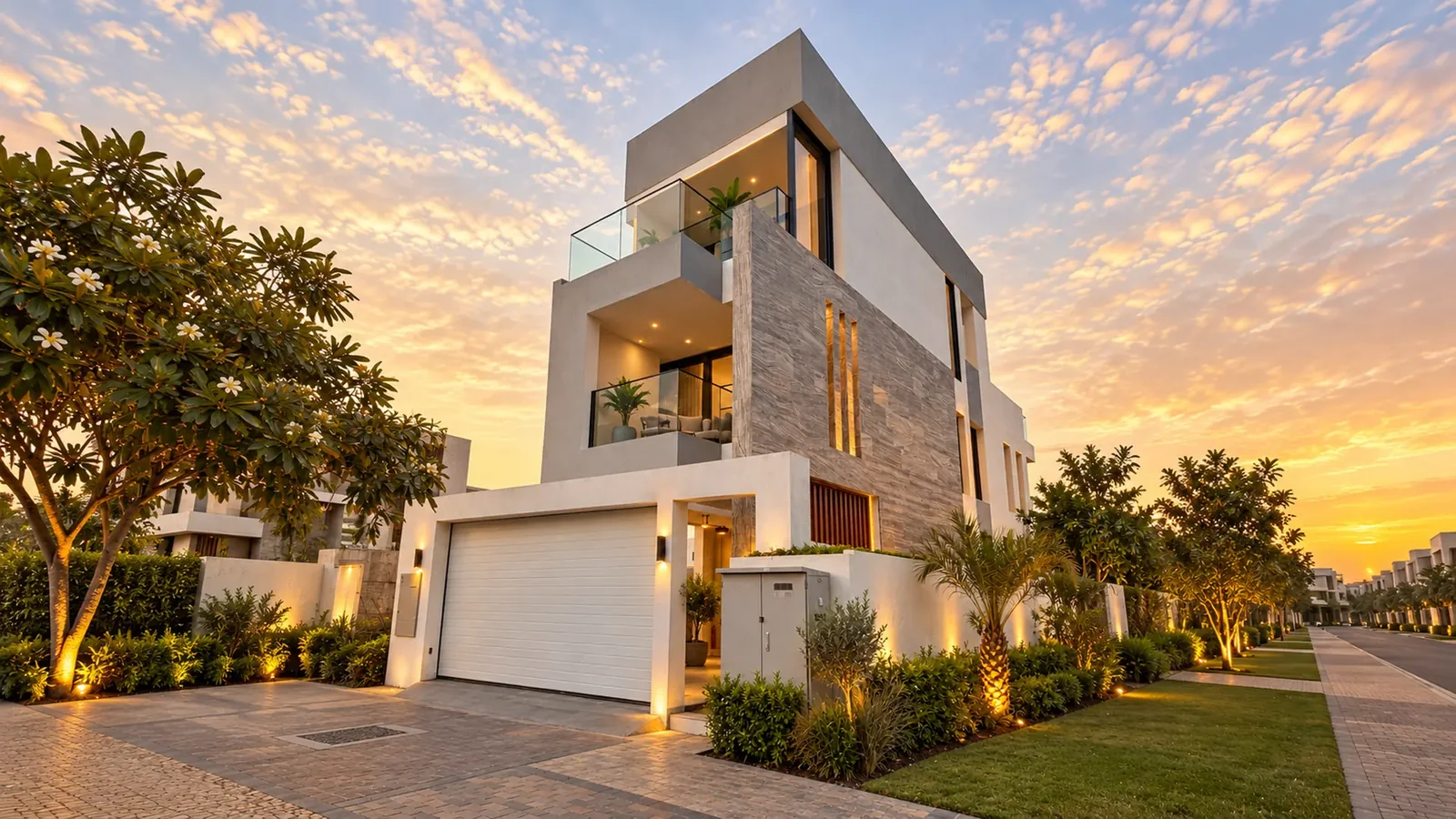 Villa concept: row of finished villas with evening lighting
