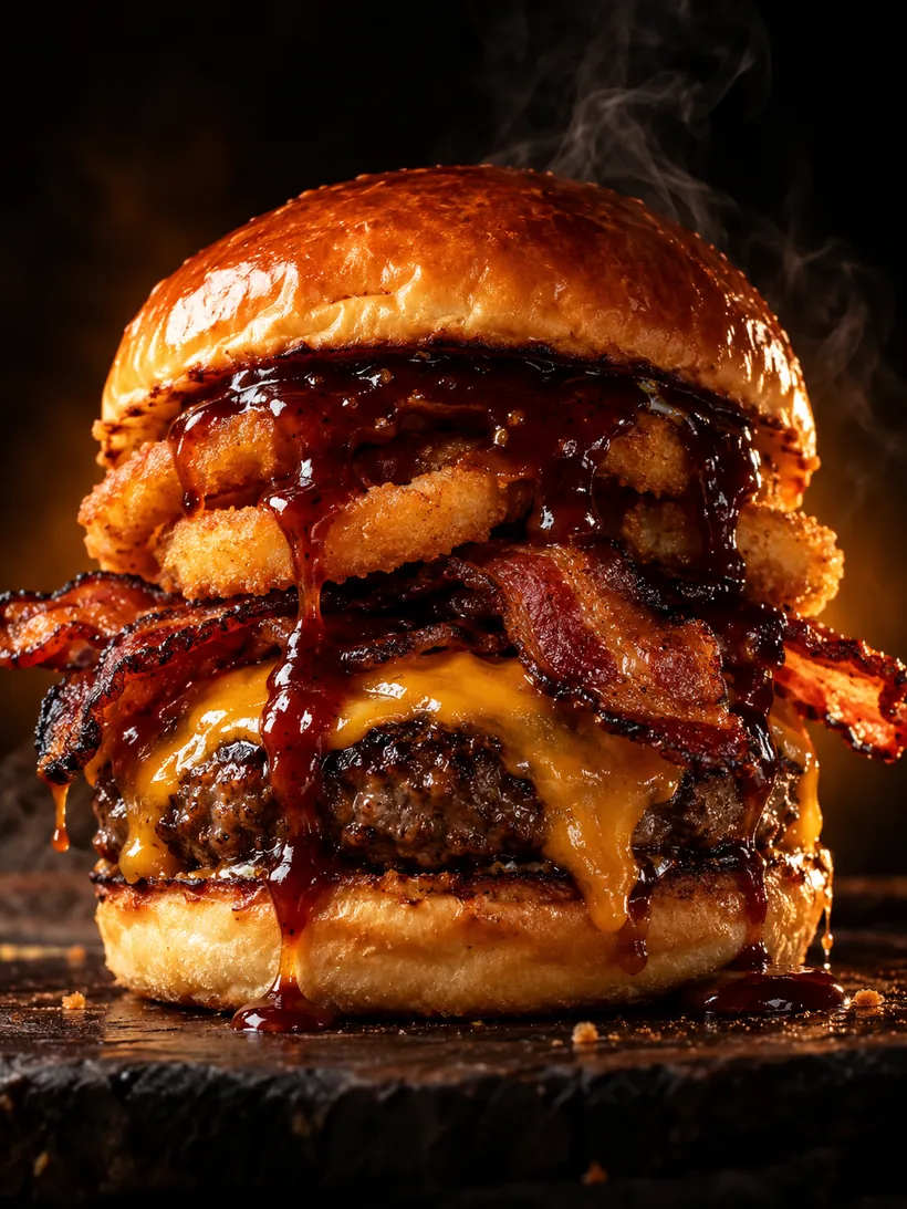 Бургер Smokey BBQ с беконом, луковыми кольцами и соусом барбекю