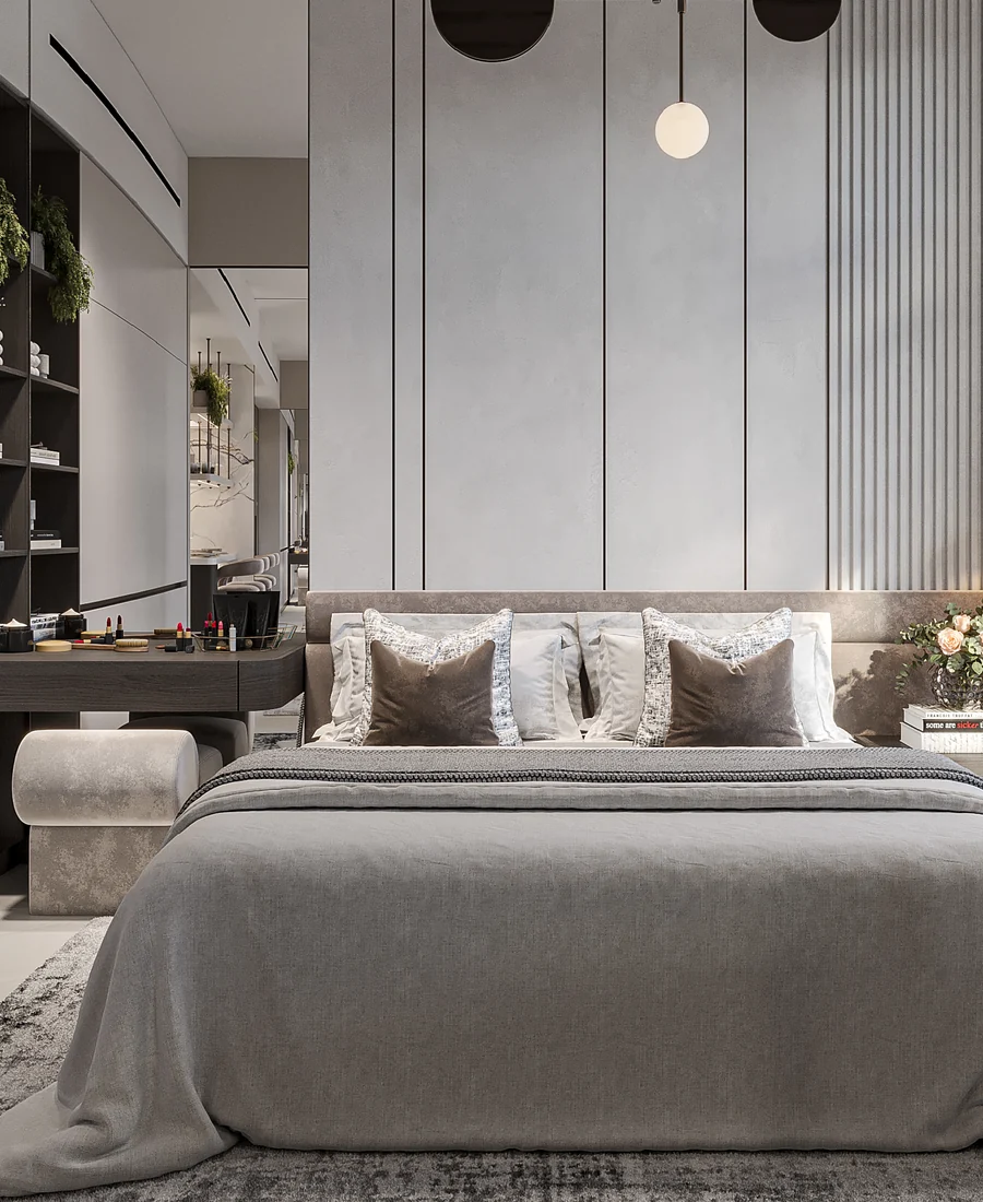 Bedroom with a panoramic window and a built-in wardrobe