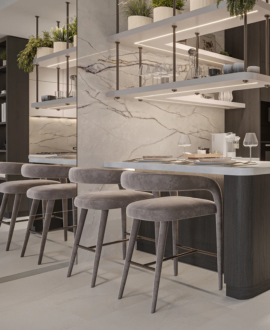 Kitchen with a marble splashback, built-in appliances and a breakfast bar