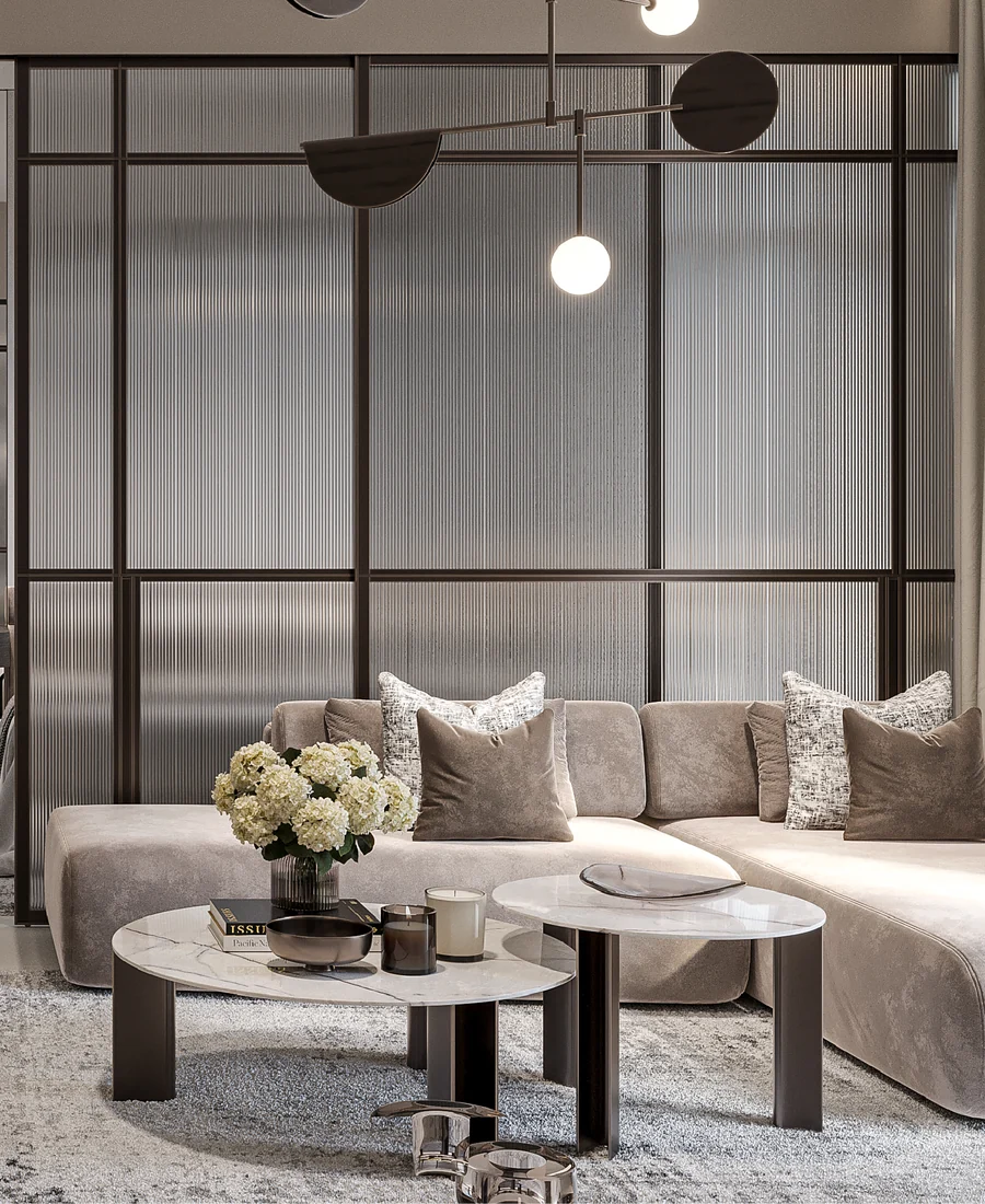 Apartment living room: pale sofa, marble side tables, panoramic window