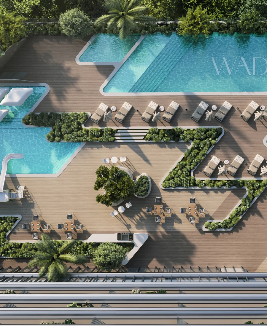 Aerial view of the roof terrace: pools, Jacuzzis, loungers and greenery