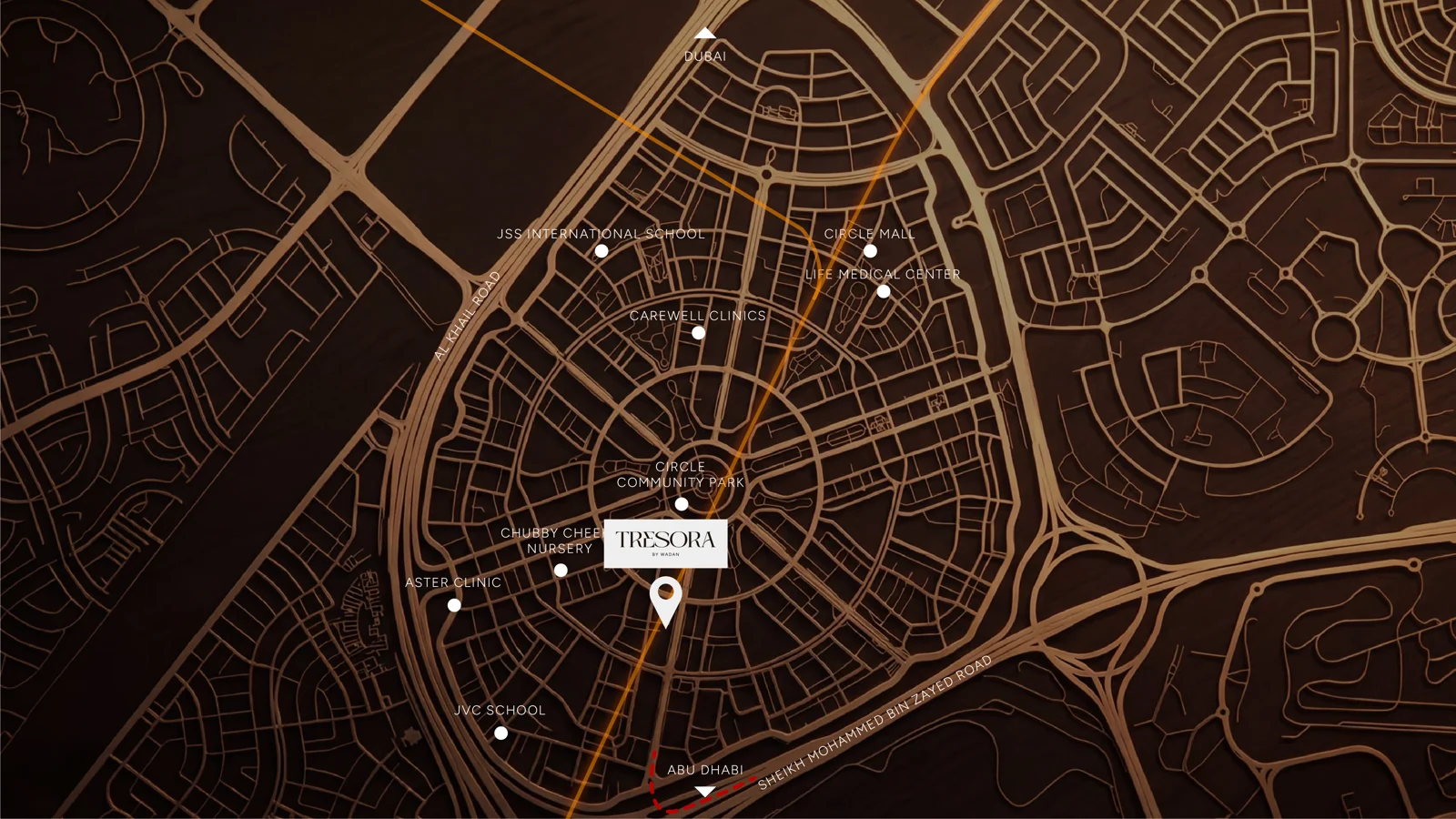 Map of JVC: Tresora by the central circle, Circle Mall, the park, schools and clinics