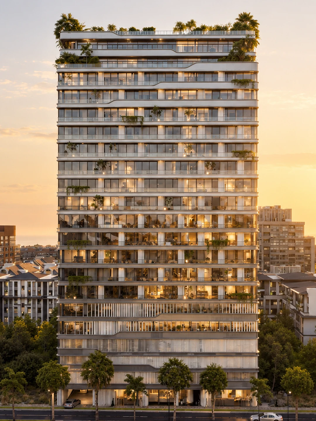 Tresora tower at golden hour: 21 levels, pale balcony ribbons and a roof garden